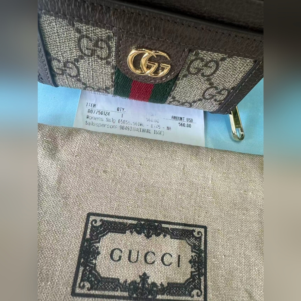 Gucci GG Canvas and Brown Leather Zip Card Holder - Beige/Brown/Green-Red - Picture 11 of 11